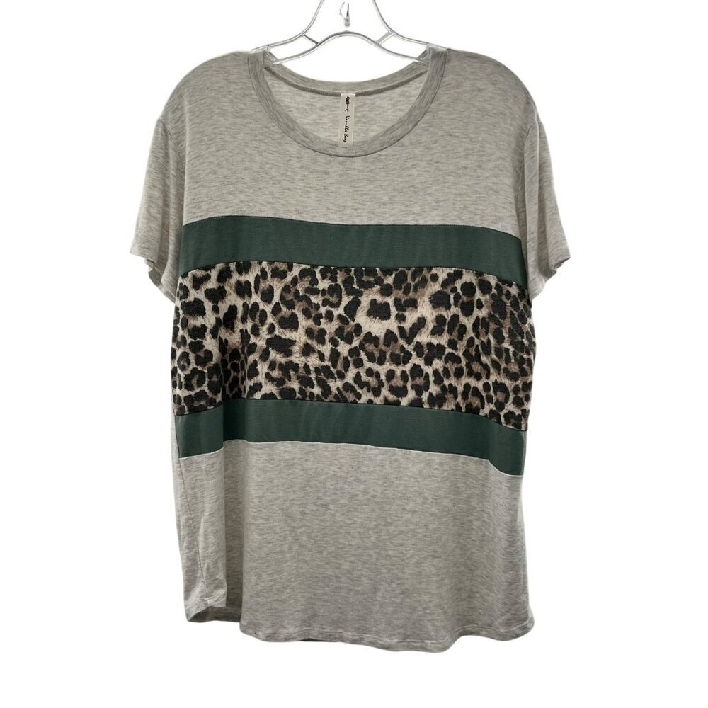 Vanilla Bay Women's Short Sleeve Mixed Media Leopard Print Top Size Medium
